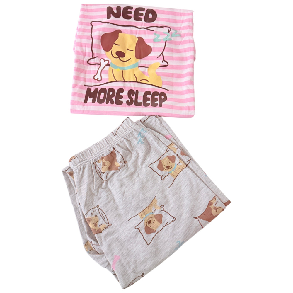 Girls 2 Piece Pajama Set Size 14 Pink Striped Dog Print Need More Sleep